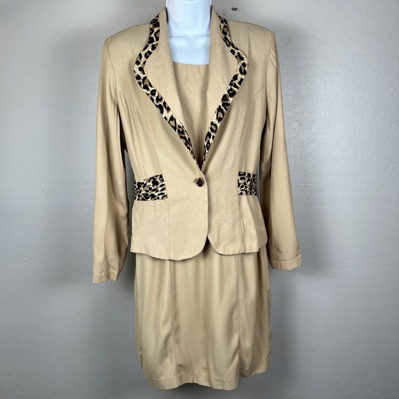 R+Co Pants - VTG R.J. & Co Women's Tan Dress Suit Set Leopard Trim Size 10P USA *FLAWS*‎